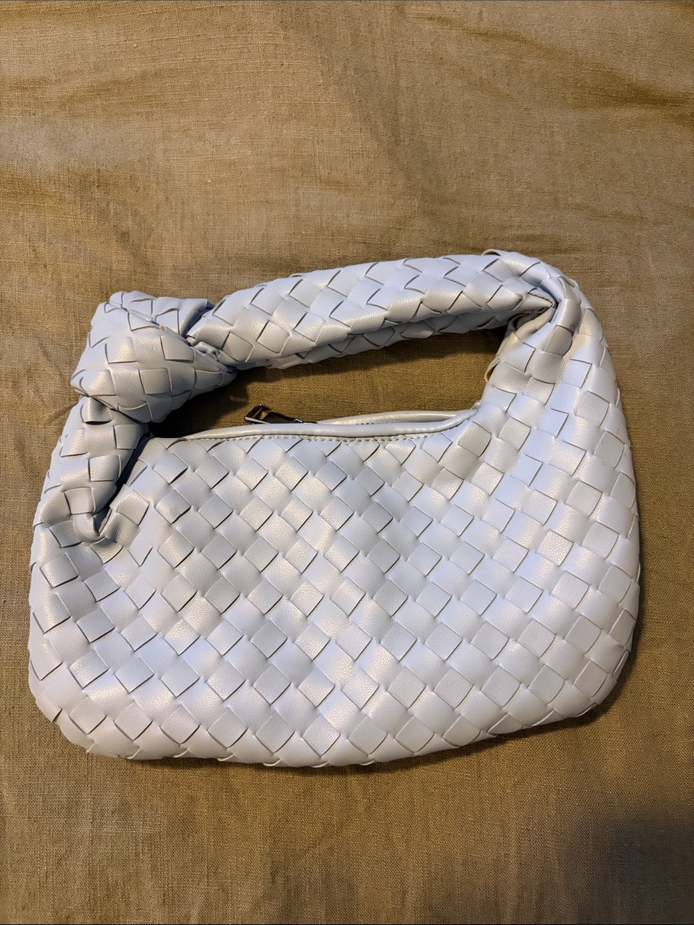 Woven Knot-Handle Shoulder Bag in Light Gray
